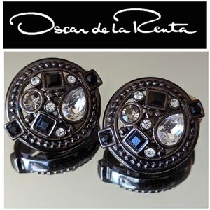 💥35 YEARS VTG💥💯OSCAR DE LA RENTA SWAROVSKI & ONYX BRUSHED PALLADIUM CLIPS